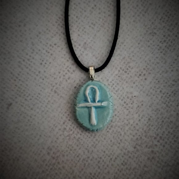 Handmade Ceramic Light Blue Ankh or Key of Life Pendant Necklace - Picture 10 of 14